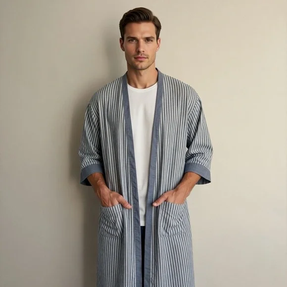 Vintage Christian Dior Monsieur Blue & White Striped Robe One Size - Picture 1 of 6